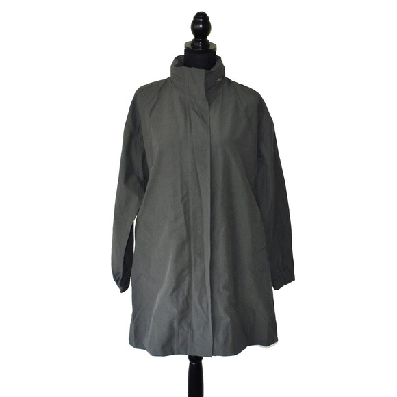 C0 NWT EILEEN FISHER Grey Cotton Nylon Stand Collar W/Hood Long Coat Size S $298